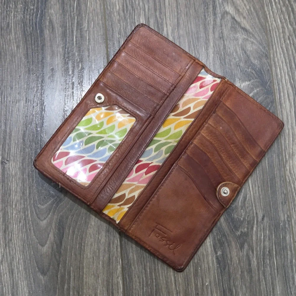 Fossil Kisslock Leather Clutch Wallet Brown Coin Pouch Card Holder Vintage
